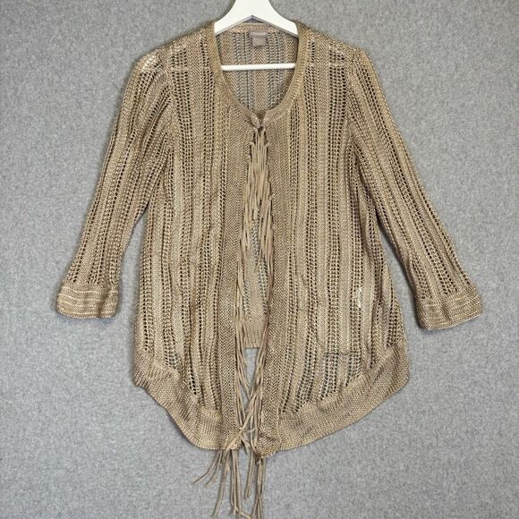 Chico's Size 1, US Size Medium Brown Knit Tapestry Open Front Cardigan Sweater - Picture 1 of 7